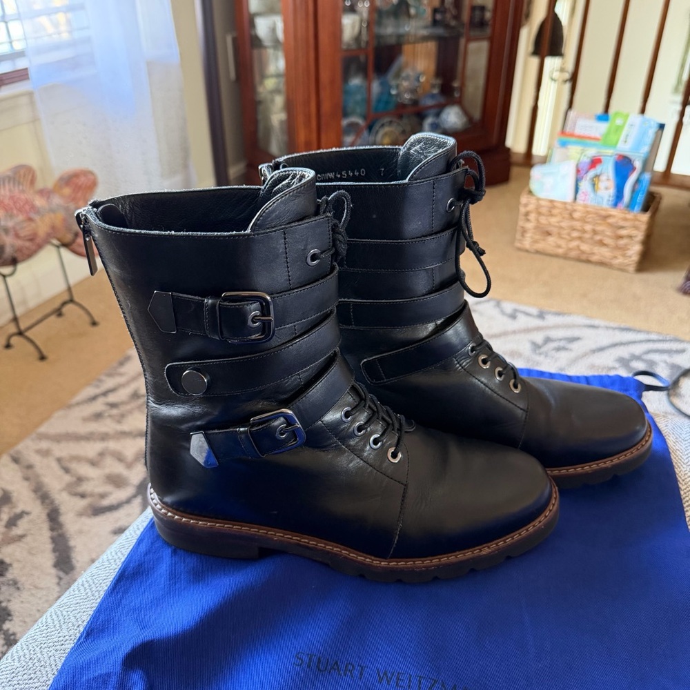 Stuart Weitzman Leather Lace Up Boots with Buckles